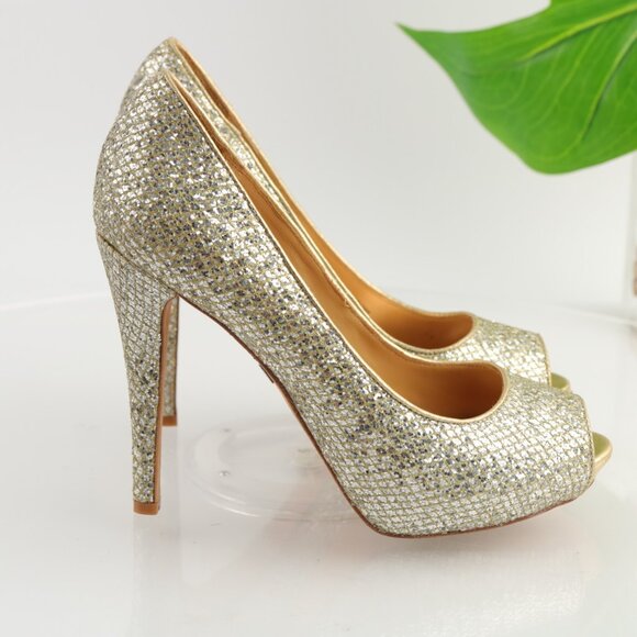 Badgley Mischka Women Humbie Pump Size 7.5 Gold Glitter Platfrom Heel Dress Shoe - Picture 9 of 12